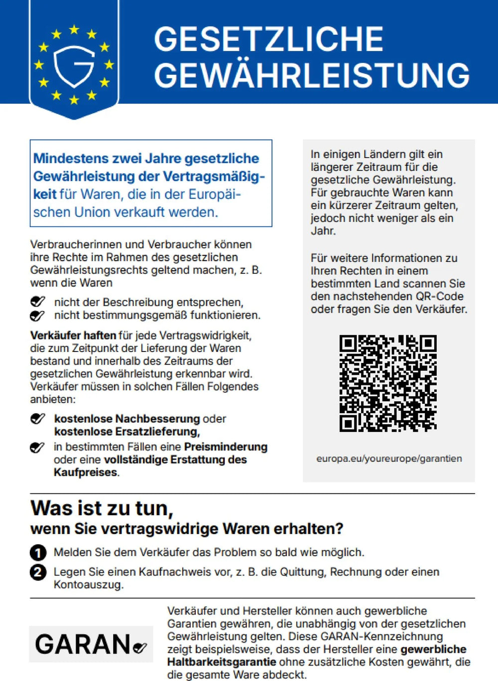 Gesetzliche Gewährleistung – EU-Hinweis