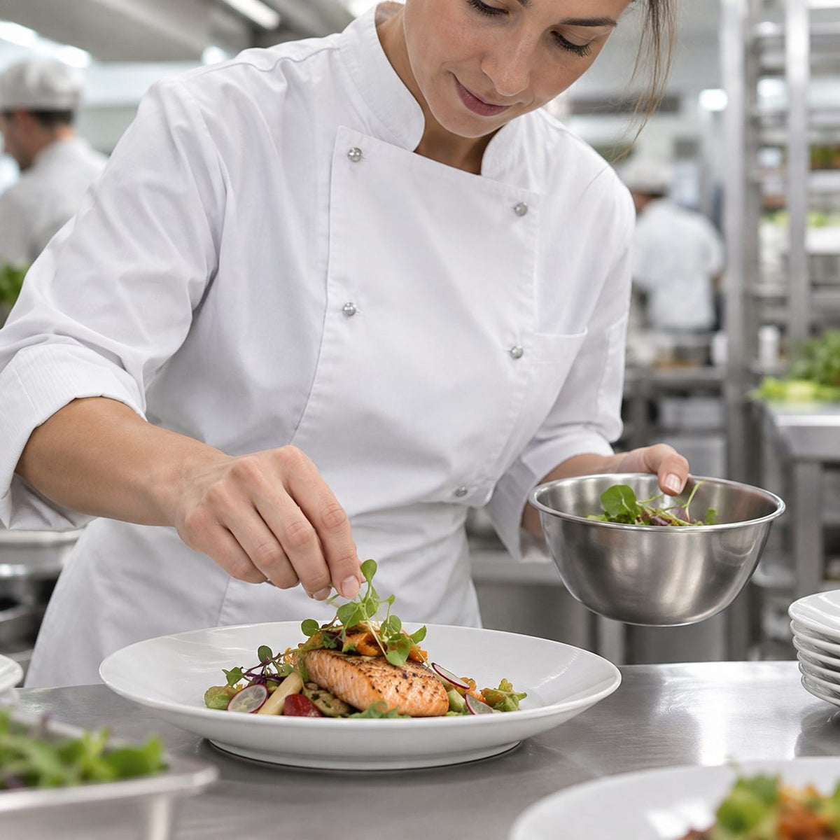 Köchin in Berufsbekleidung in einer Profiküche