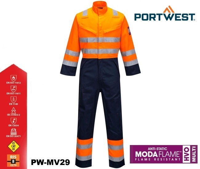 Flammhemmender Multinorm Warnschutz Overall MODAFLAME™ RIS PORTWEST® marine/orange Zertifiziert nach GO / RT